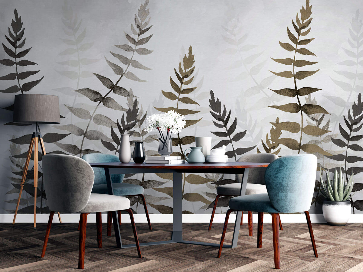 Tapet Personalizat Leaf cu frunze in nuante de bej si gri in stil watercolor - NOVEMBER LEAVES
