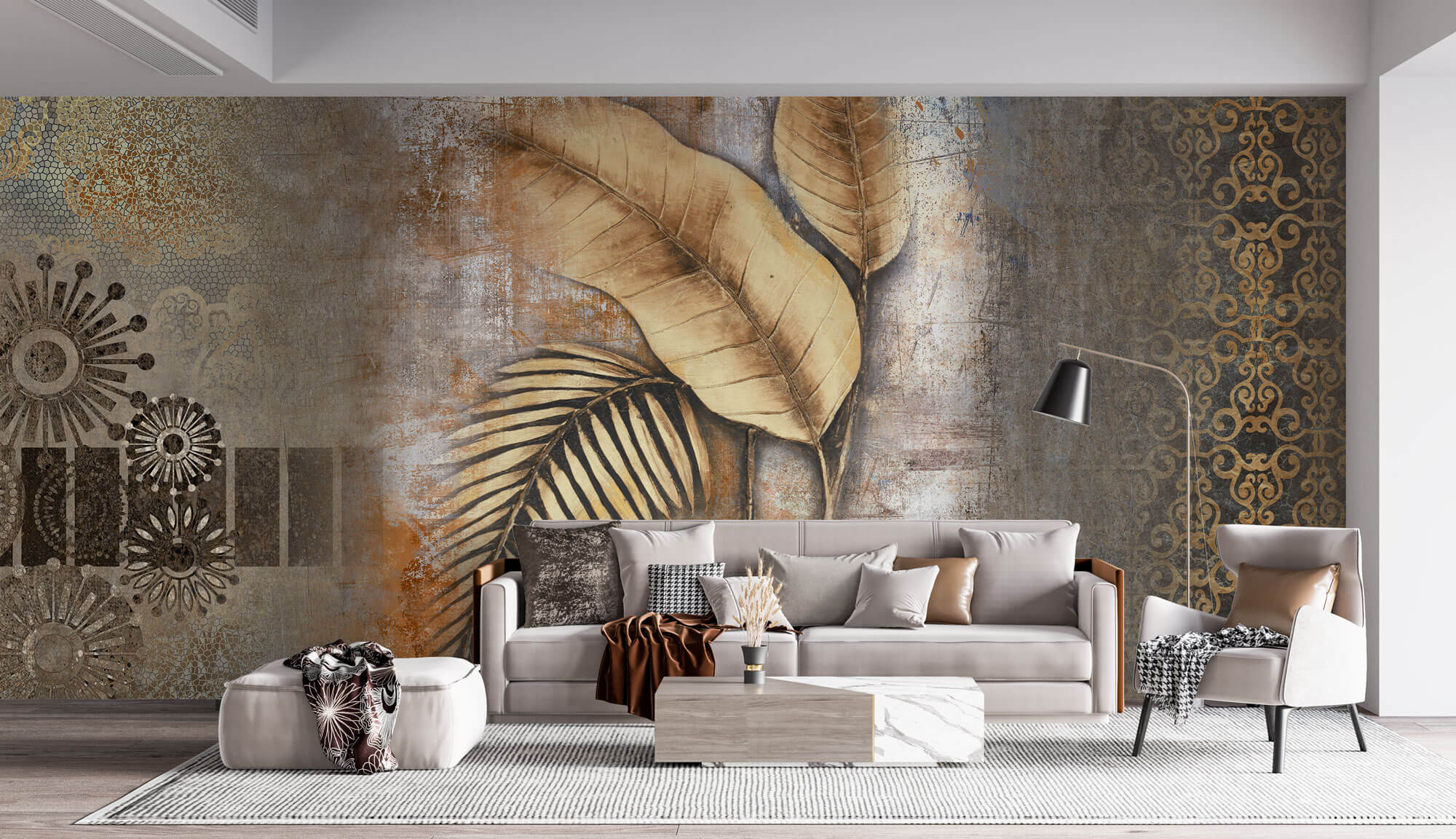 Tapet Personalizat Leaf cu model mixt de frunze si texturi in nuante pamantii - MIXED ART LEAVES