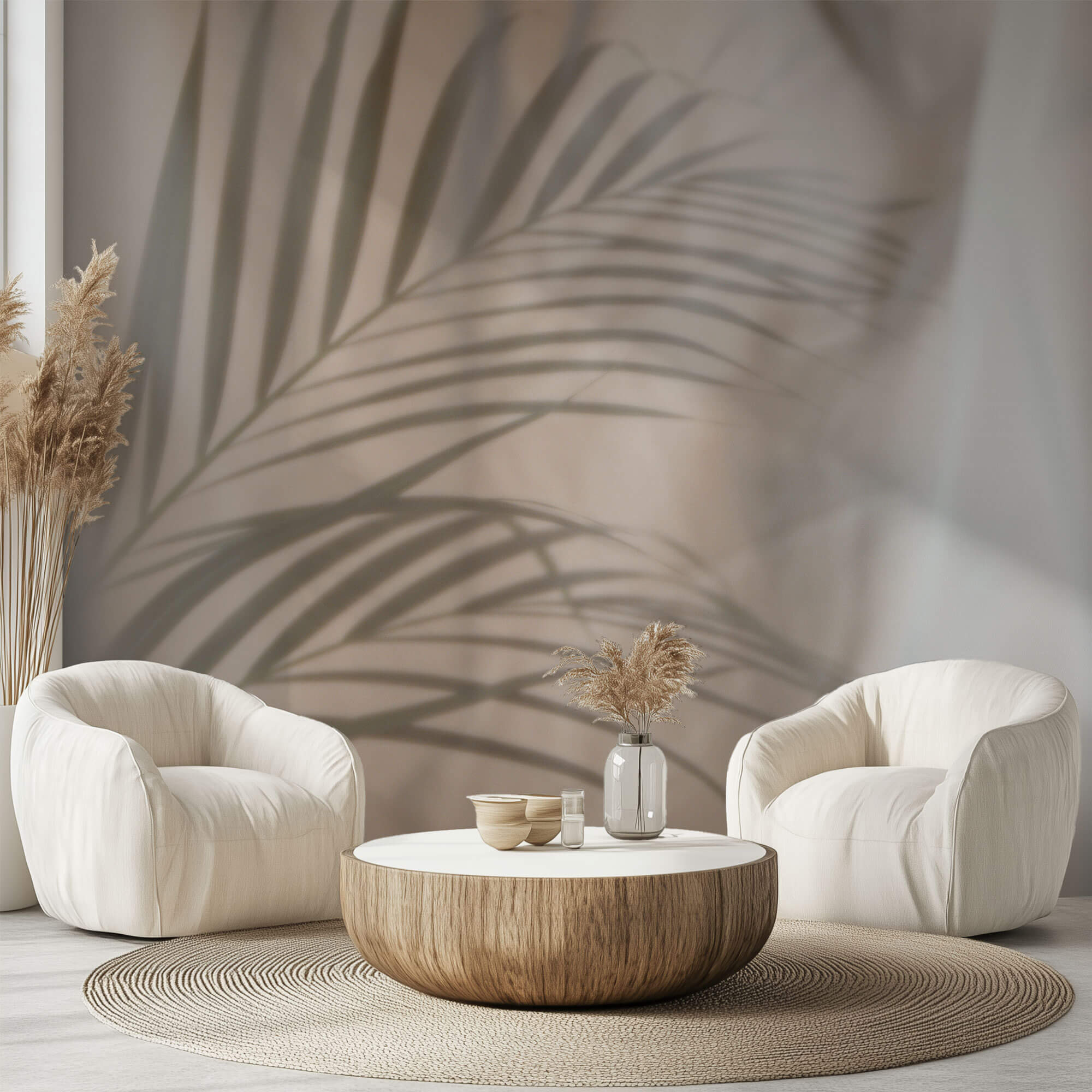 Tapet Personalizat Leaf cu frunza de palmier difuza in fundal rozaliu - SOFT VEIL LEAF I