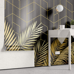 Tapet Personalizat Leaf cu frunze de palmier aurii pe fundal negru - GOLD LEAF GEOMETRIC
