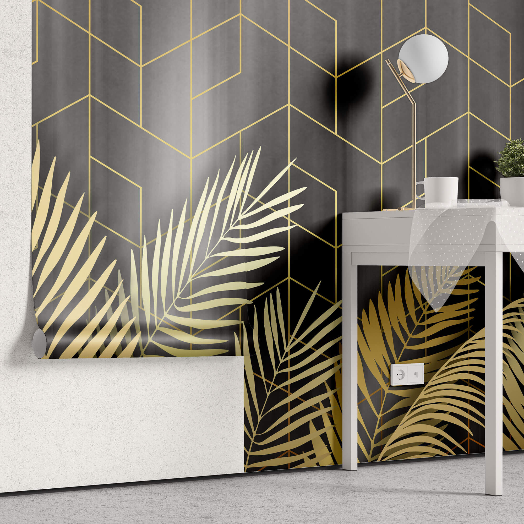 Tapet Personalizat Leaf cu frunze de palmier aurii pe fundal negru - GOLD LEAF GEOMETRIC
