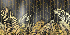 Tapet Personalizat Leaf cu frunze de palmier aurii pe fundal negru - GOLD LEAF GEOMETRIC