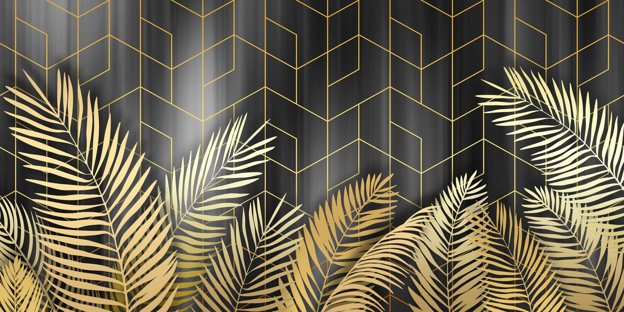 Tapet Personalizat Leaf cu frunze de palmier aurii pe fundal negru - GOLD LEAF GEOMETRIC