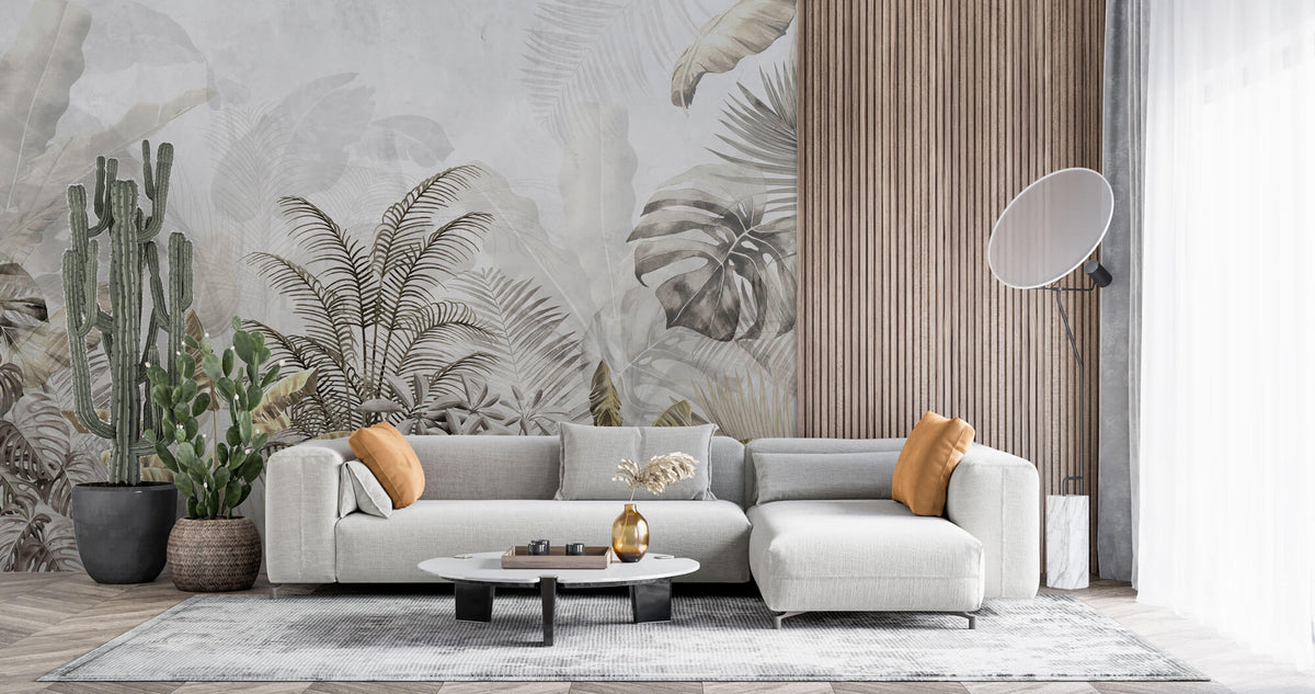 Tapet Personalizat Leaf cu peisaj tropical cu frunze in nuante aramii si gri - BRASSY TROPICAL LEAVES