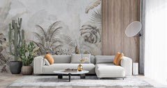 Tapet Personalizat Leaf cu peisaj tropical cu frunze in nuante aramii si gri - BRASSY TROPICAL LEAVES
