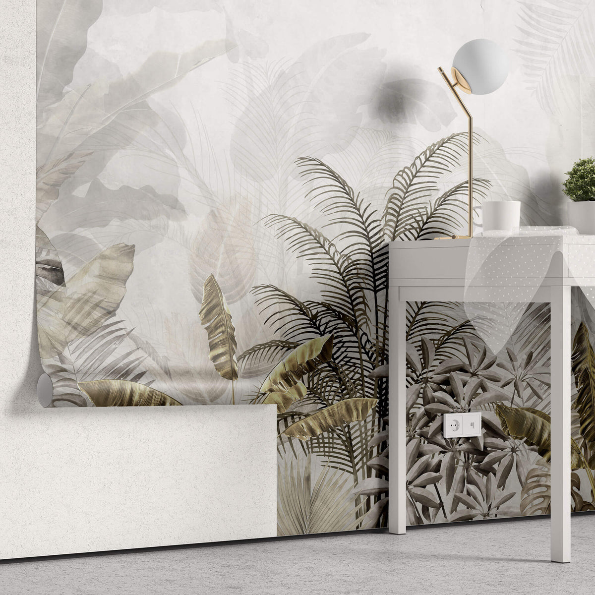 Tapet Personalizat Leaf cu peisaj tropical cu frunze in nuante aramii si gri - BRASSY TROPICAL LEAVES