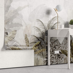 Tapet Personalizat Leaf cu peisaj tropical cu frunze in nuante aramii si gri - BRASSY TROPICAL LEAVES