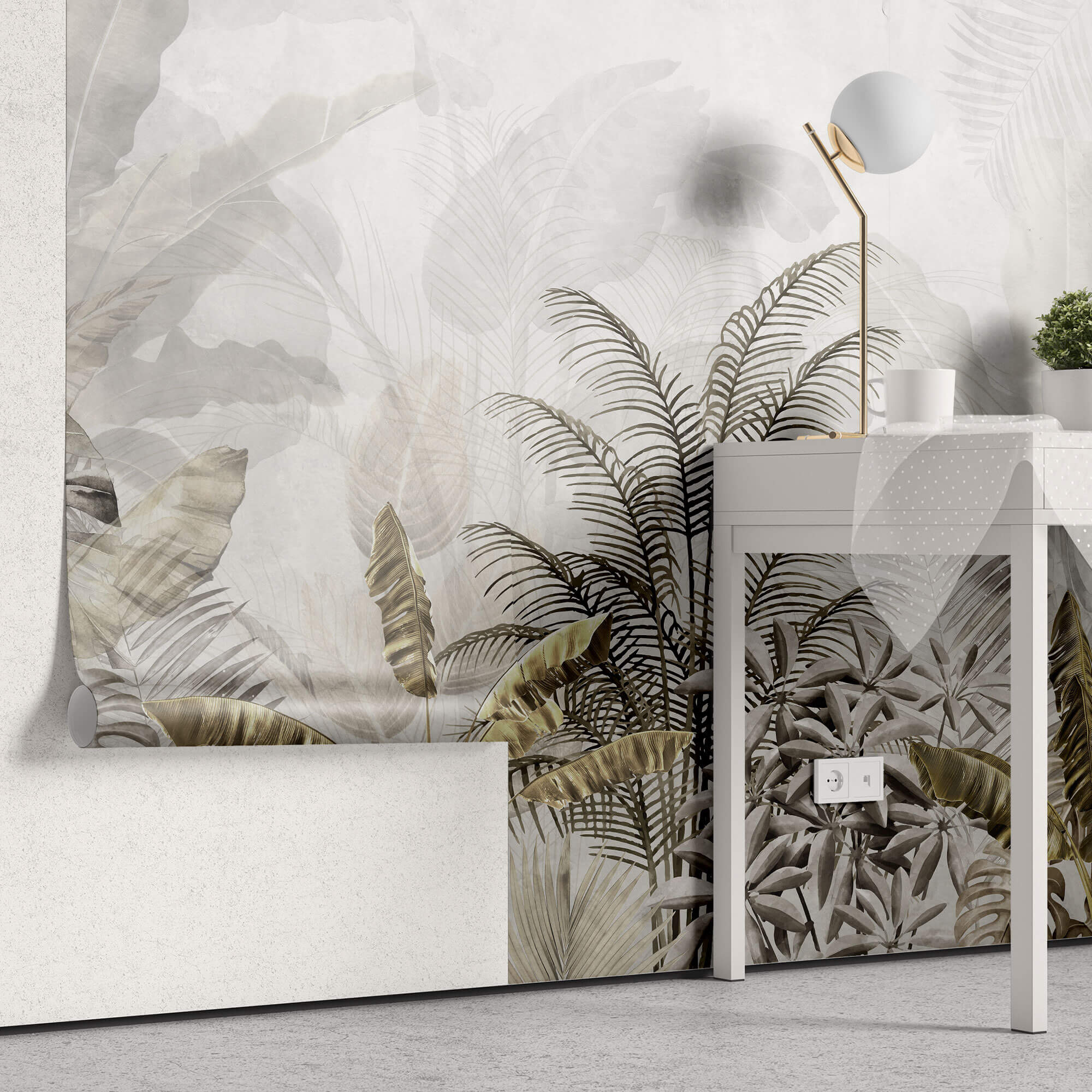 Tapet Personalizat Leaf cu peisaj tropical cu frunze in nuante aramii si gri - BRASSY TROPICAL LEAVES