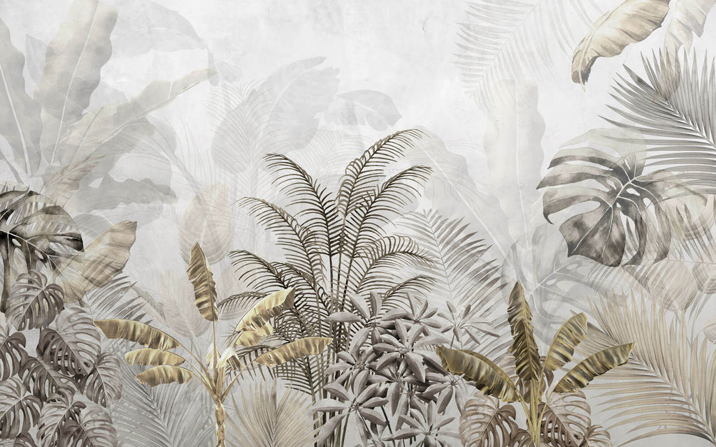 Tapet Personalizat Leaf cu peisaj tropical cu frunze in nuante aramii si gri - BRASSY TROPICAL LEAVES