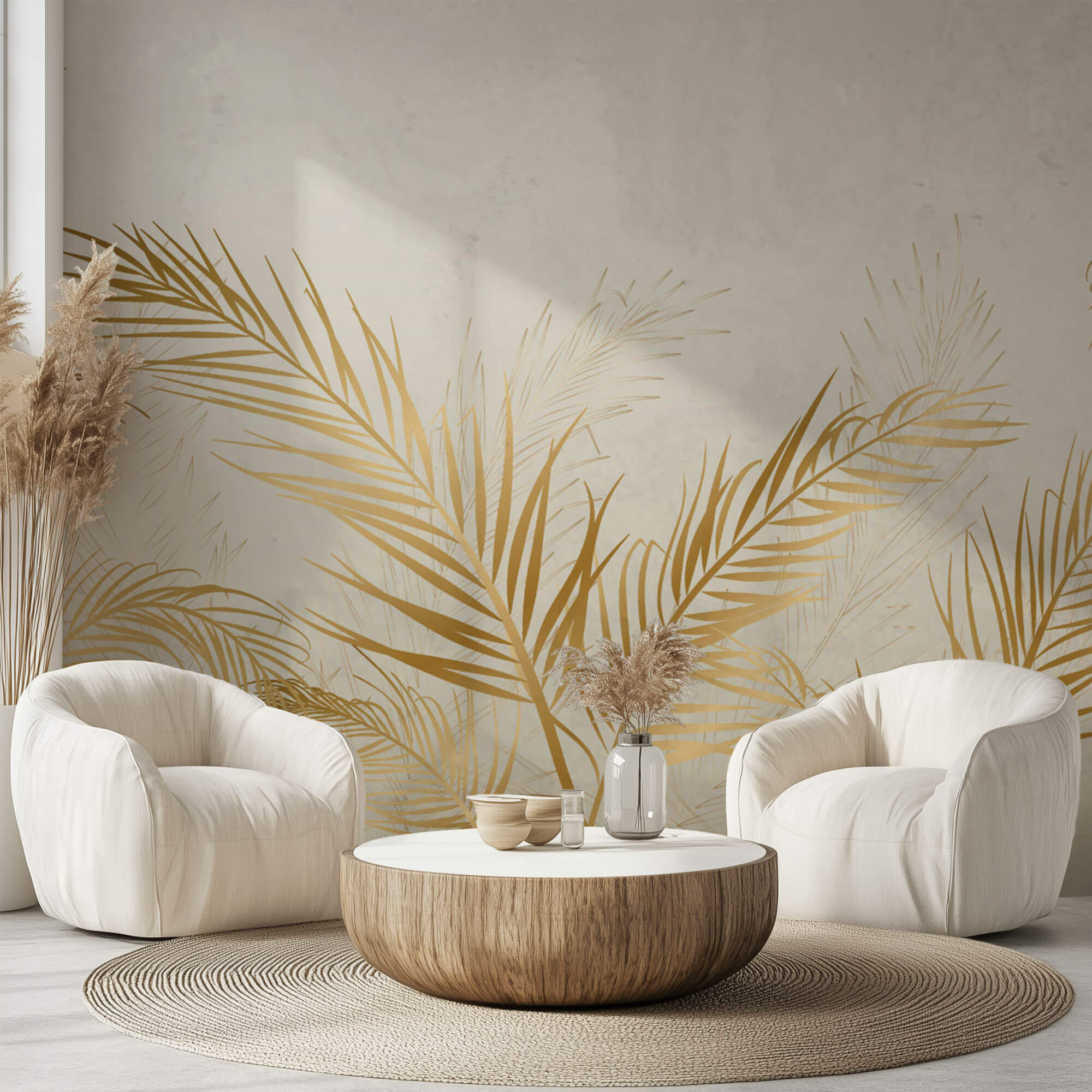 Tapet Personalizat Leaf cu frunze de palmier aurii in vant - BRASSY WIND