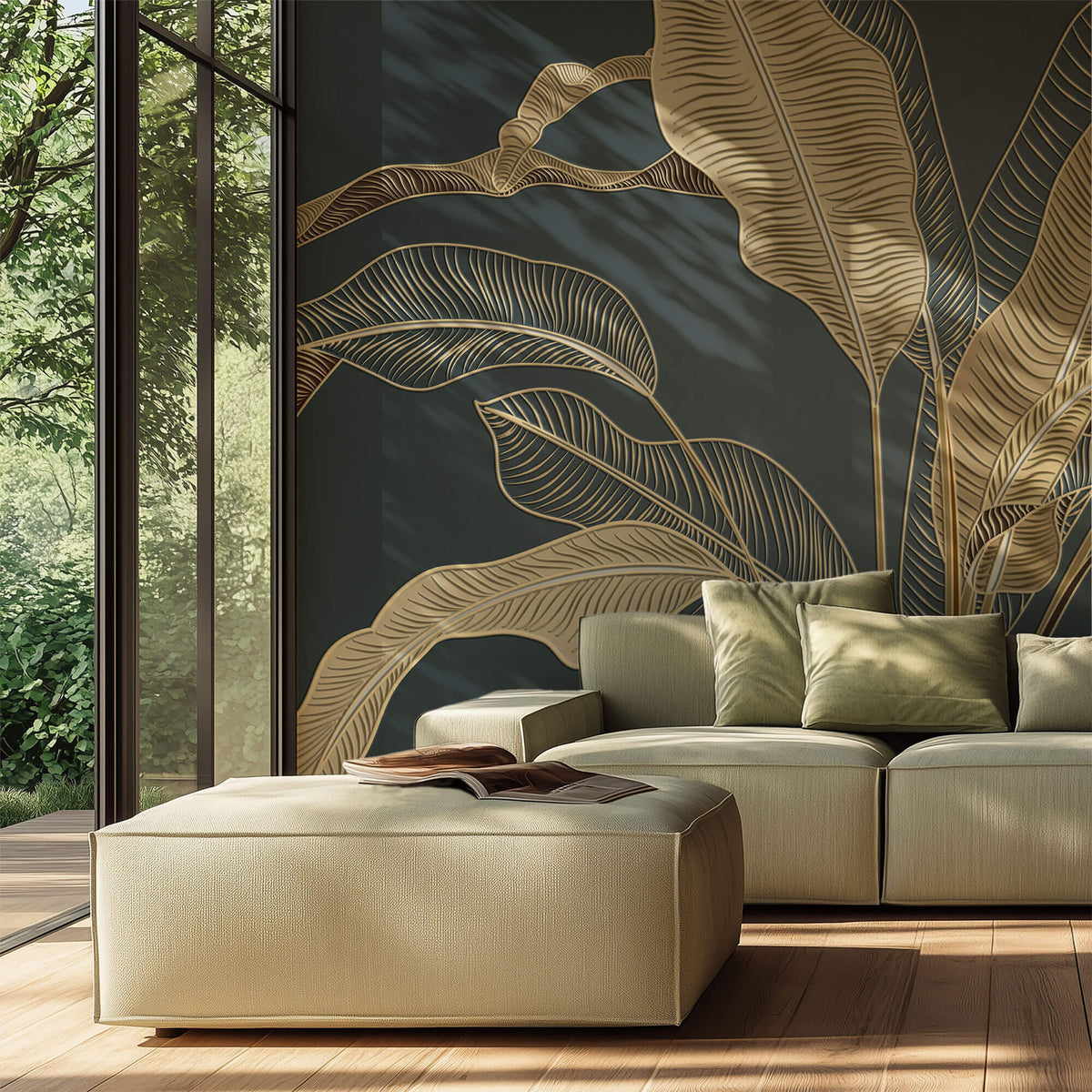 Tapet Personalizat Leaf cu frunze in stil plaster in relief - GOLDEN BANANA LEAF