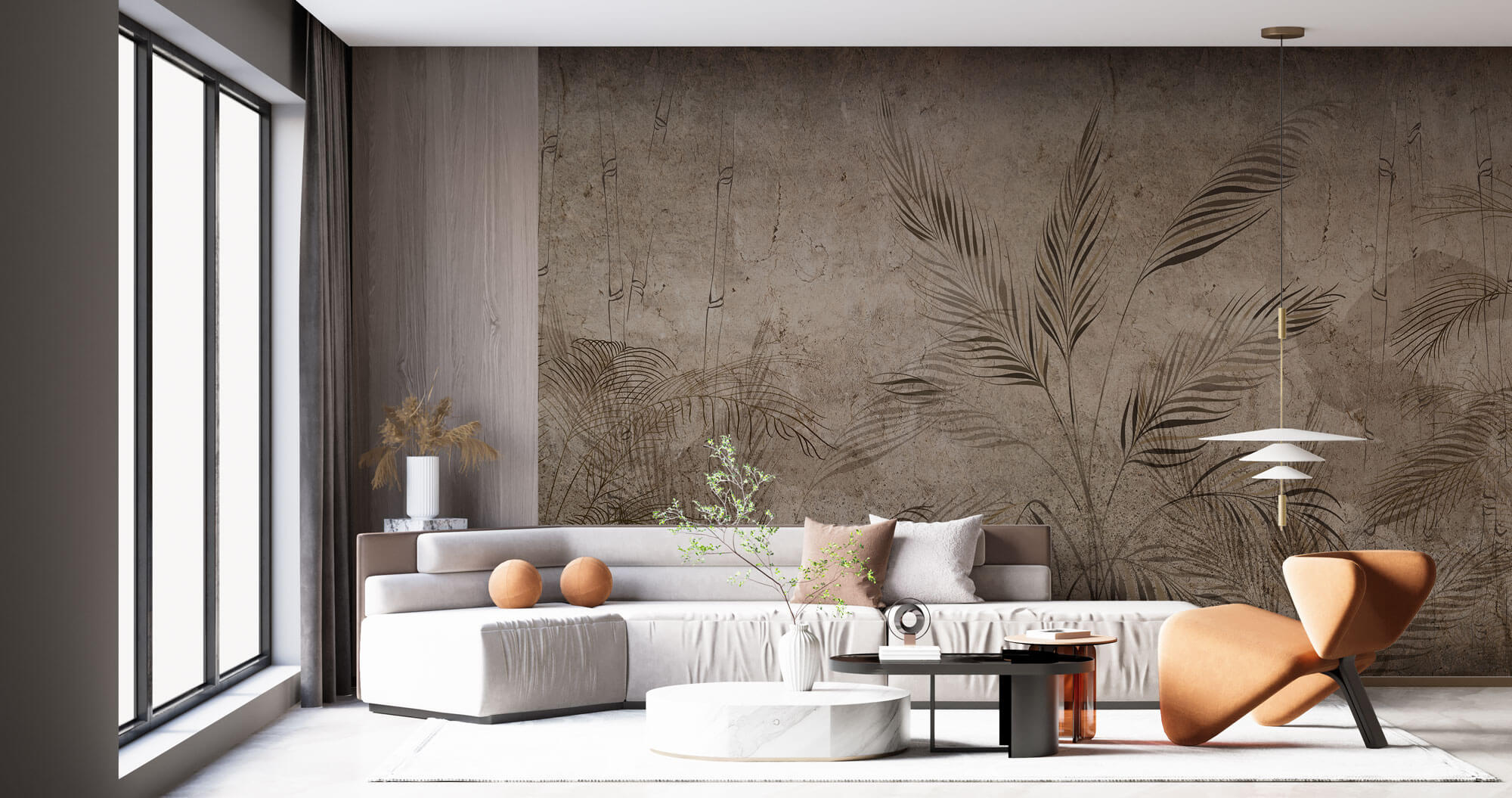 Tapet Personalizat Leaf cu bambus si palmieri pe un fundal texturat in stil vintage inchis - SEPIA DARK FOREST