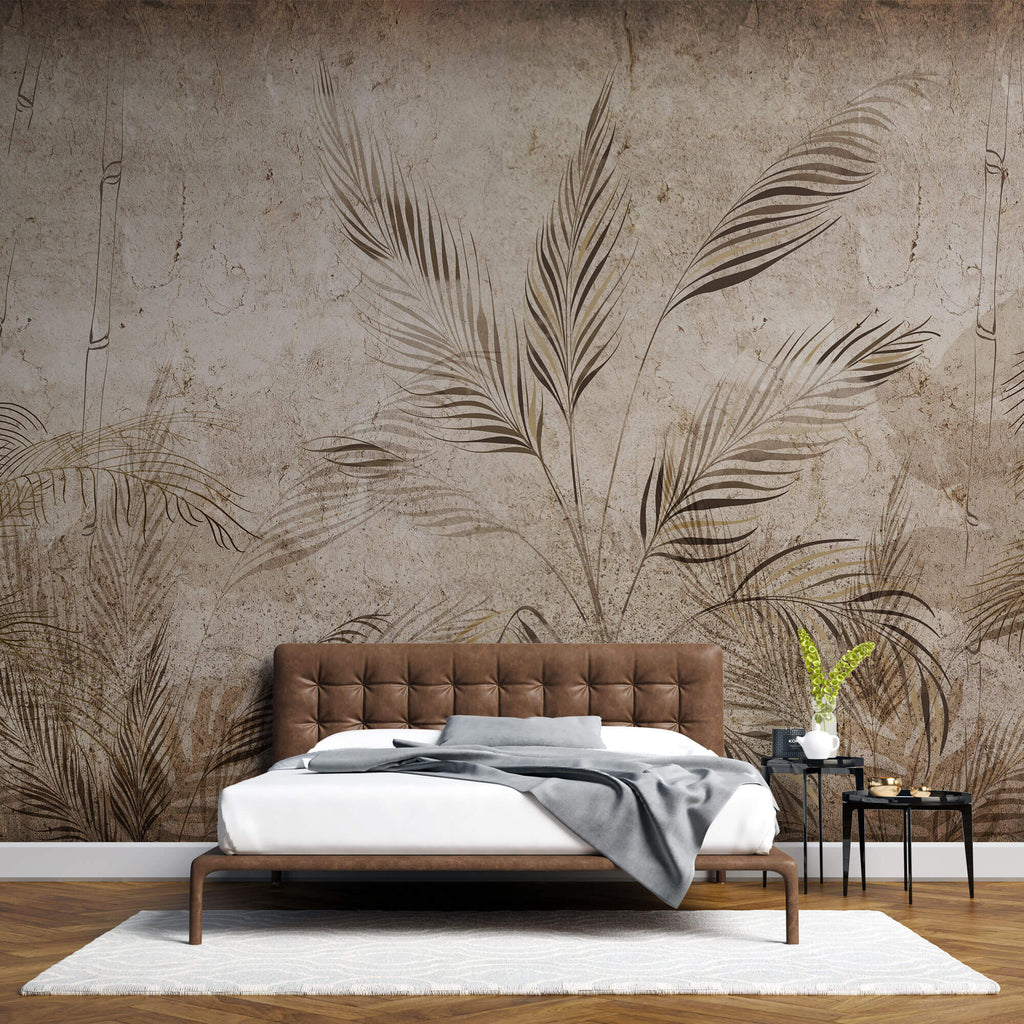 Tapet Personalizat Leaf cu bambus si palmieri pe un fundal texturat in stil vintage deschis - SEPIA LIGHT FOREST