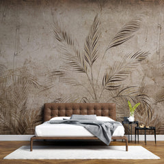 Tapet Personalizat Leaf cu bambus si palmieri pe un fundal texturat in stil vintage deschis - SEPIA LIGHT FOREST