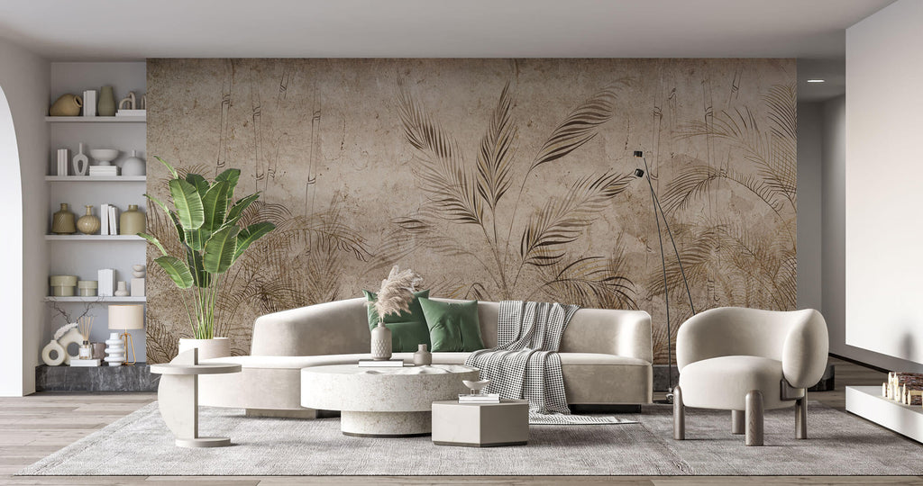 Tapet Personalizat Leaf cu bambus si palmieri pe un fundal texturat in stil vintage deschis - SEPIA LIGHT FOREST
