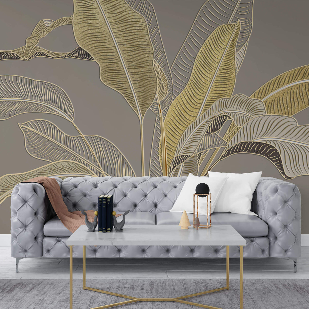Tapet Personalizat Leaf cu frunze in stil plaster in relief in nuante aurii - GLITTER GOLD BANANA