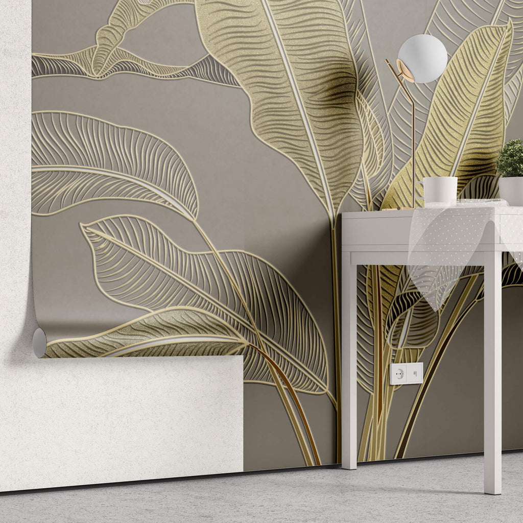 Tapet Personalizat Leaf cu frunze in stil plaster in relief in nuante aurii - GLITTER GOLD BANANA