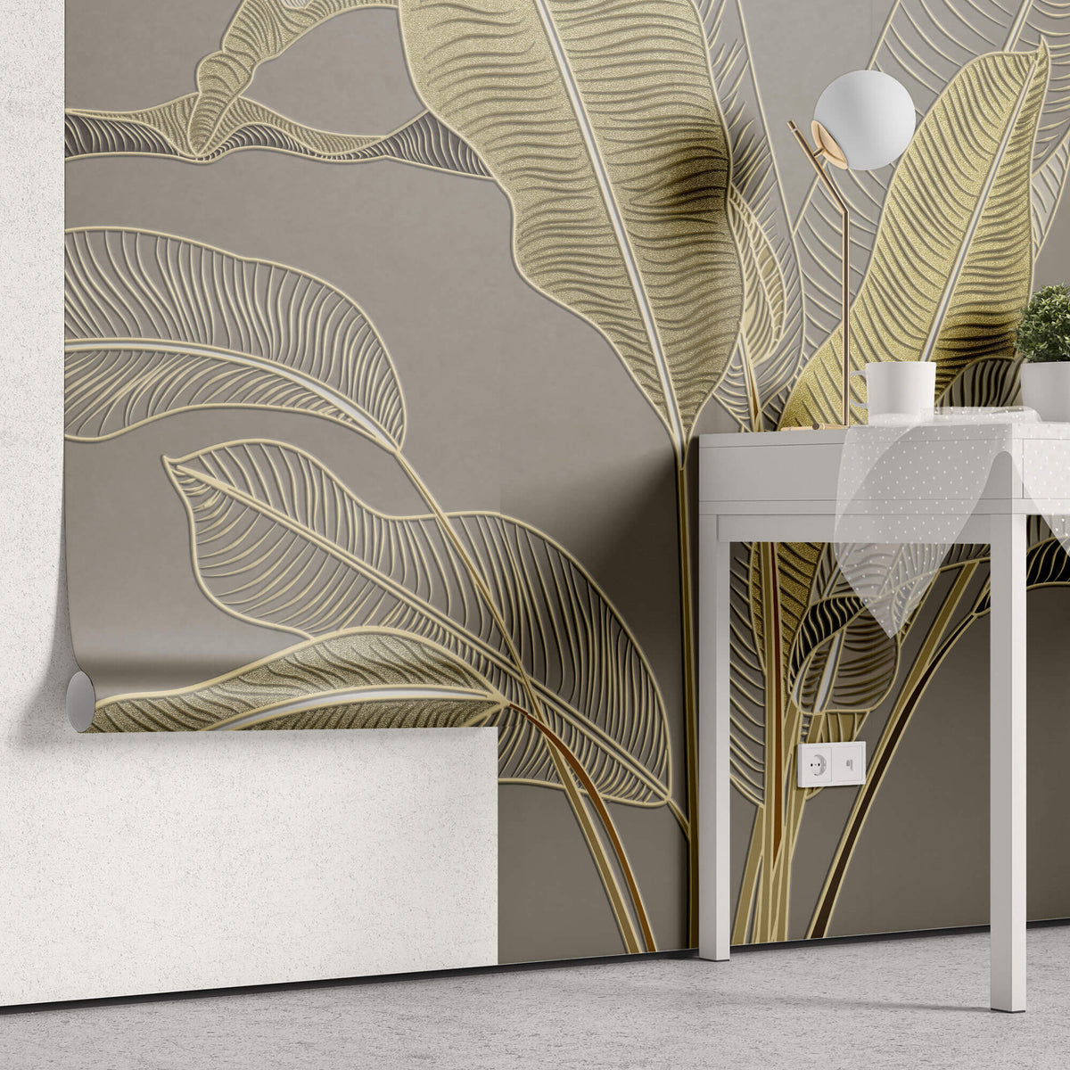 Tapet Personalizat Leaf cu frunze in stil plaster in relief in nuante aurii - GLITTER GOLD BANANA