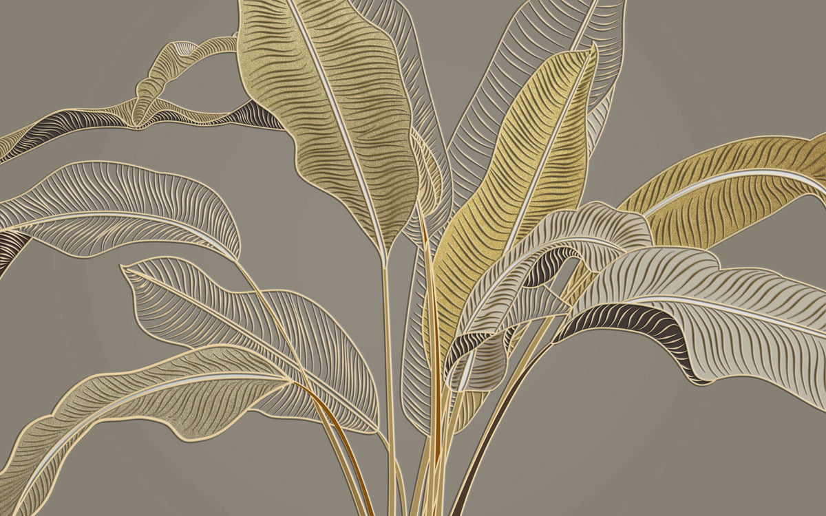 Tapet Personalizat Leaf cu frunze in stil plaster in relief in nuante aurii - GLITTER GOLD BANANA
