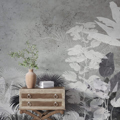 Tapet Personalizat Leaf cu frunze gri pe un fundal de ciment texturat - CONCRETE TROPICAL