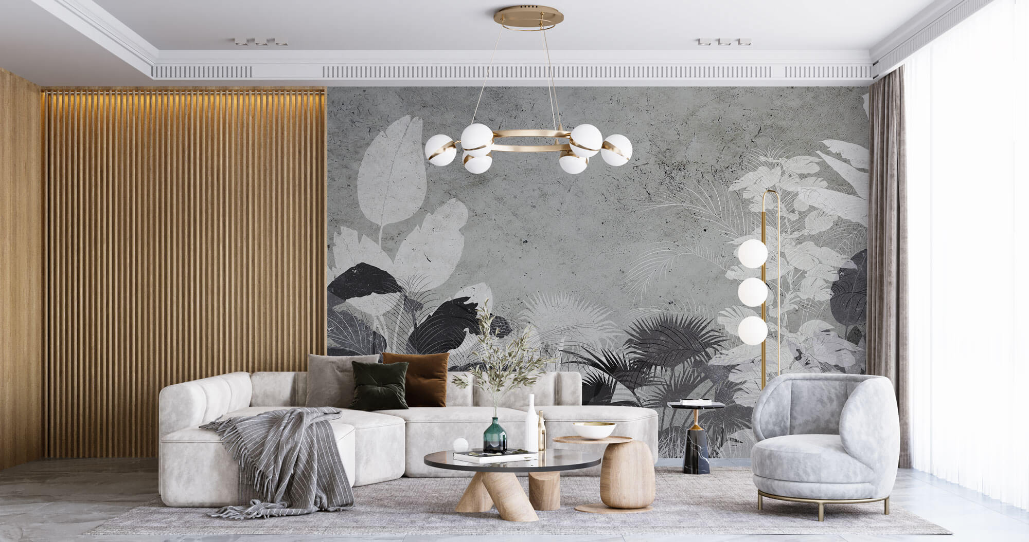 Tapet Personalizat Leaf cu frunze gri pe un fundal de ciment texturat - CONCRETE TROPICAL