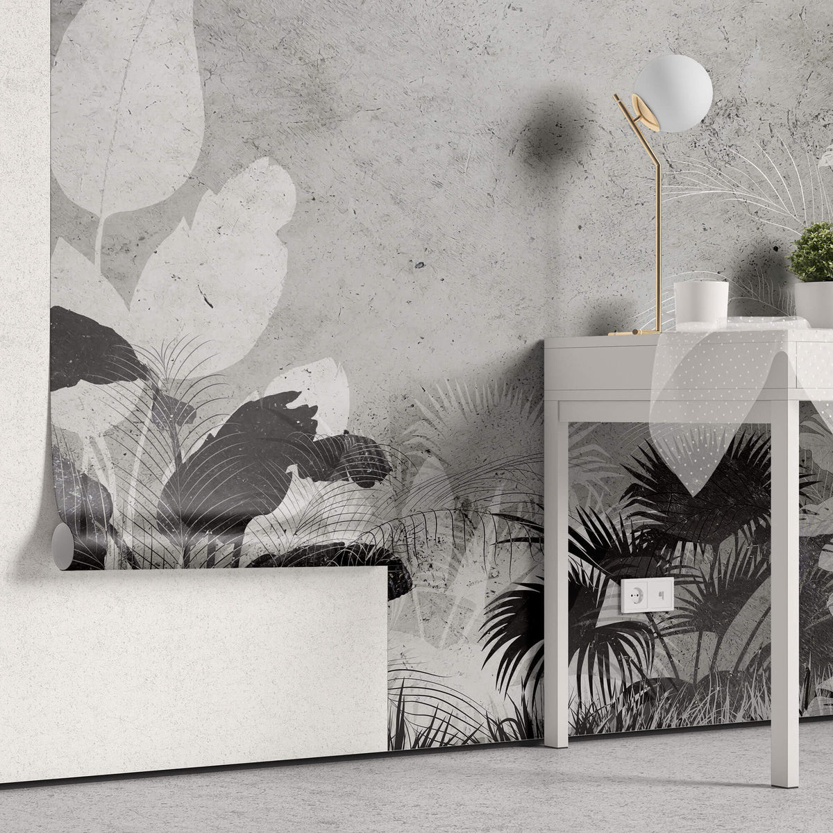 Tapet Personalizat Leaf cu frunze gri pe un fundal de ciment texturat - CONCRETE TROPICAL