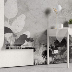 Tapet Personalizat Leaf cu frunze gri pe un fundal de ciment texturat - CONCRETE TROPICAL