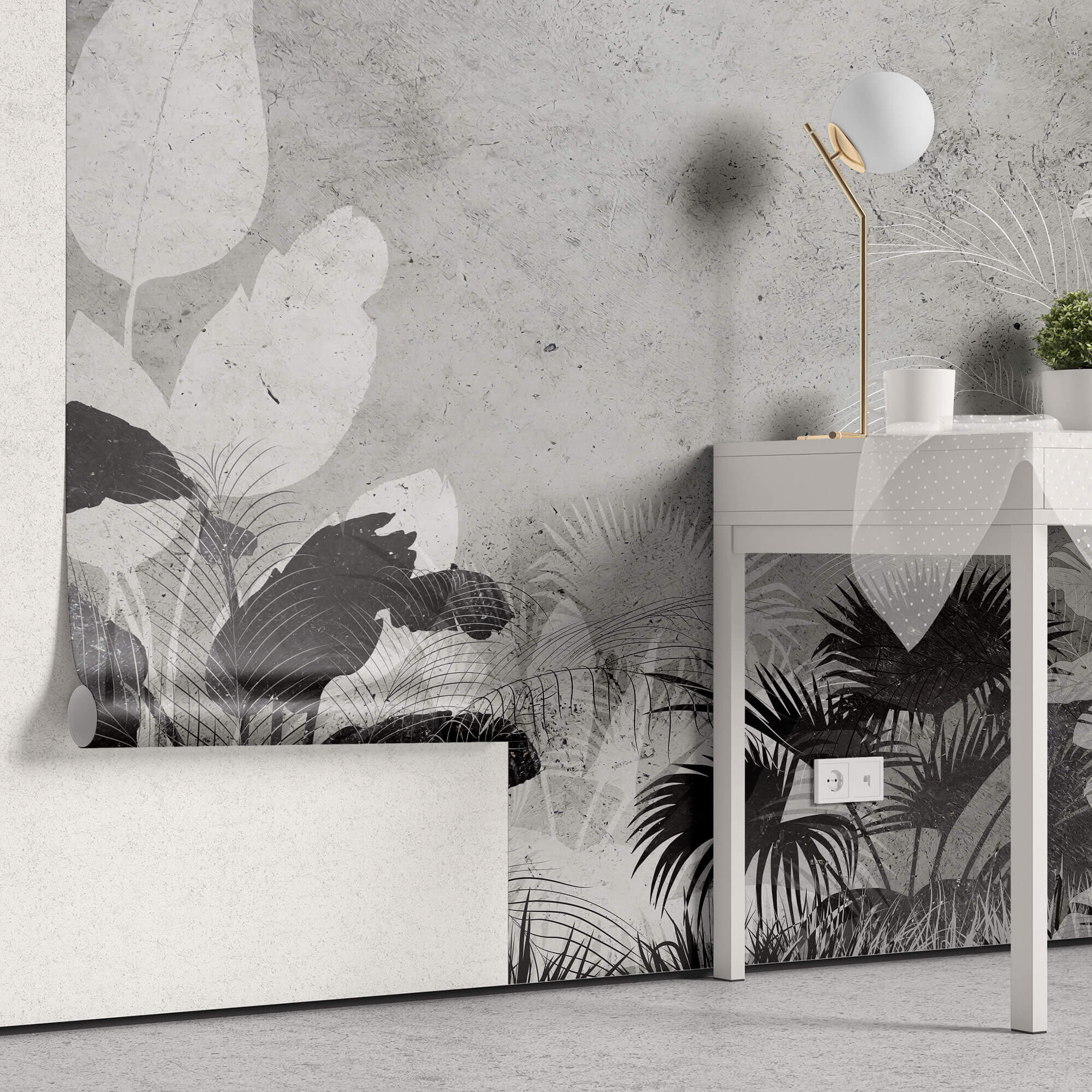Tapet Personalizat Leaf cu frunze gri pe un fundal de ciment texturat - CONCRETE TROPICAL