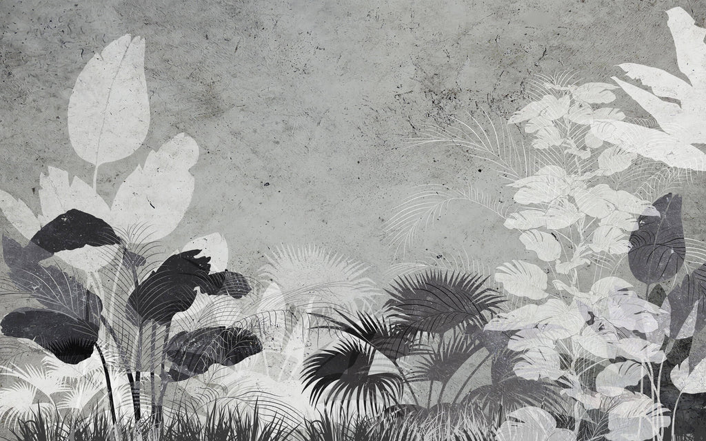 Tapet Personalizat Leaf cu frunze gri pe un fundal de ciment texturat - CONCRETE TROPICAL