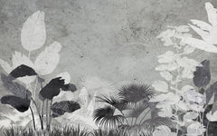 Tapet Personalizat Leaf cu frunze gri pe un fundal de ciment texturat - CONCRETE TROPICAL