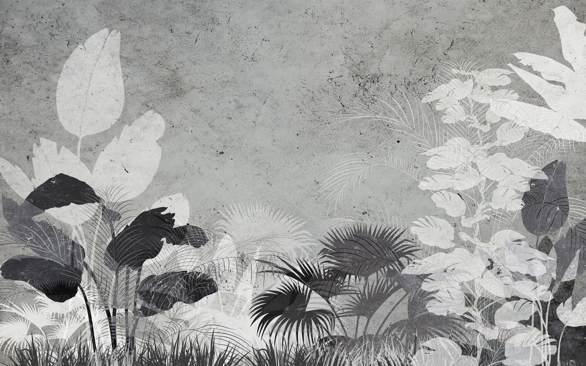 Tapet Personalizat Leaf cu frunze gri pe un fundal de ciment texturat - CONCRETE TROPICAL