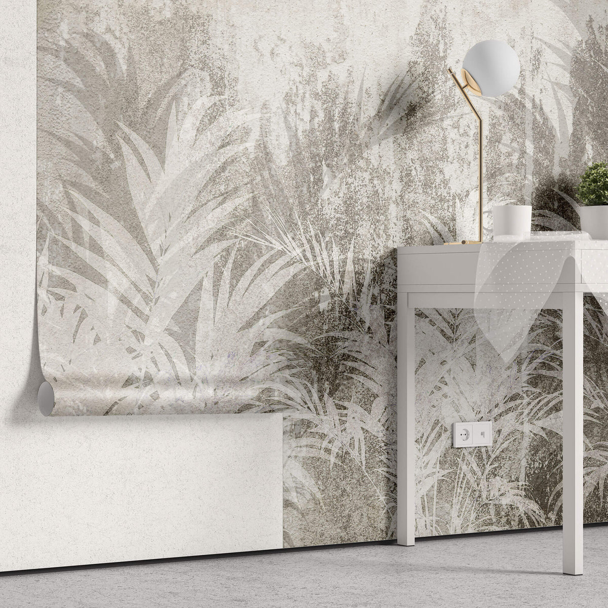 Tapet Personalizat Leaf cu frunze pe un fundal texturat in stil stucco bej - SCATTERED LEAVES