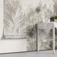 Tapet Personalizat Leaf cu frunze pe un fundal texturat in stil stucco bej - SCATTERED LEAVES