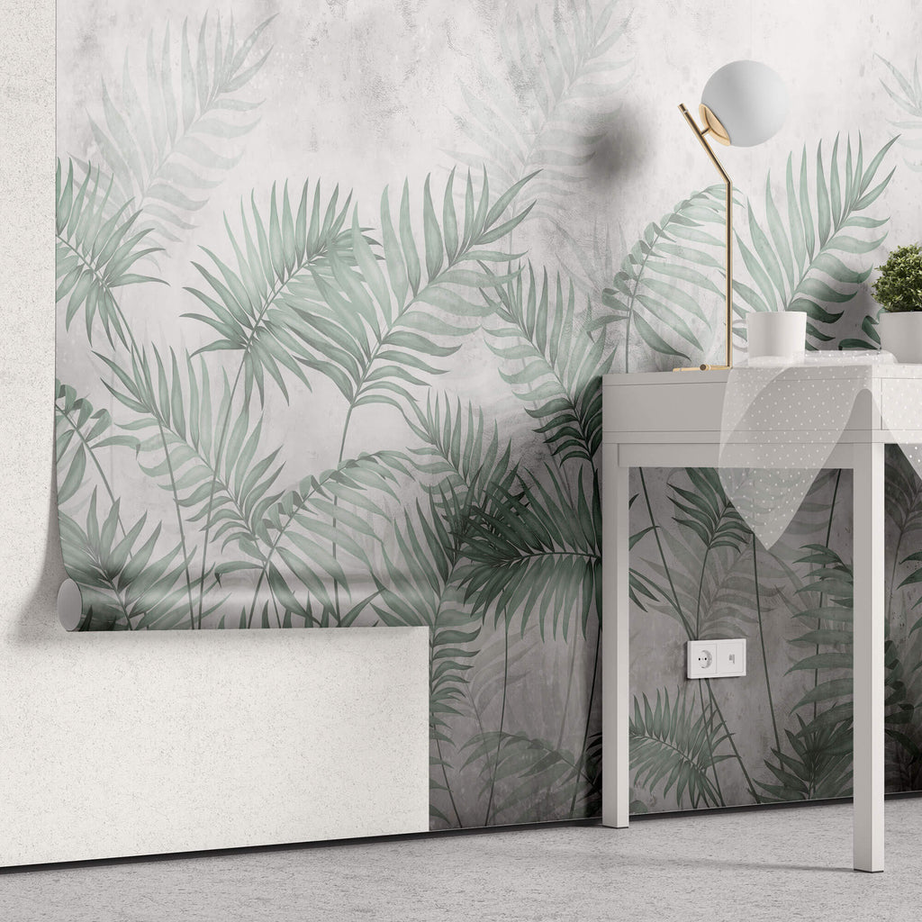 Tapet Personalizat Leaf cu ilustratie cu frunze verzi de palmier intr-un fundal gri - MINTY DARK LEAVES