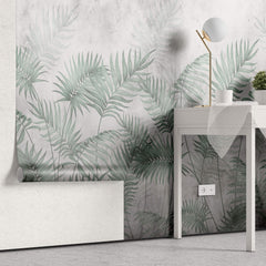 Tapet Personalizat Leaf cu ilustratie cu frunze verzi de palmier intr-un fundal gri - MINTY DARK LEAVES