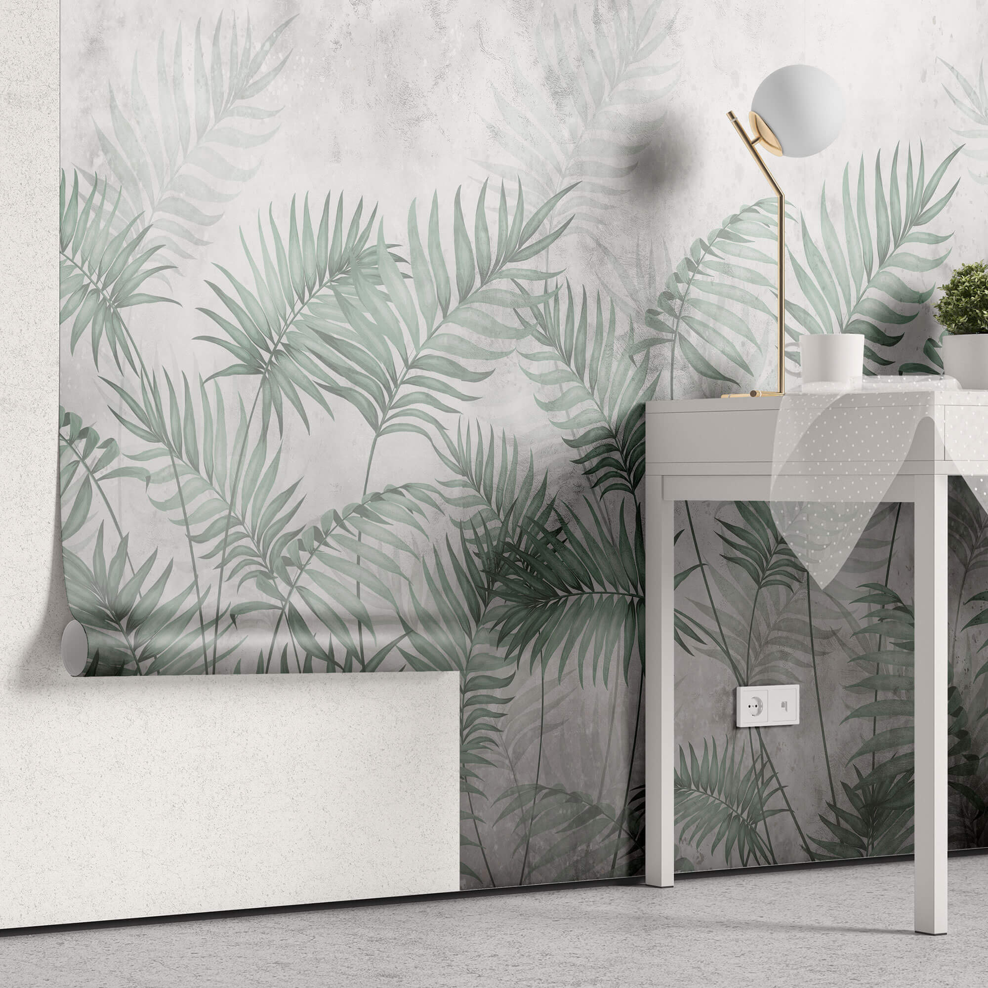 Tapet Personalizat Leaf cu ilustratie cu frunze verzi de palmier intr-un fundal gri - MINTY DARK LEAVES