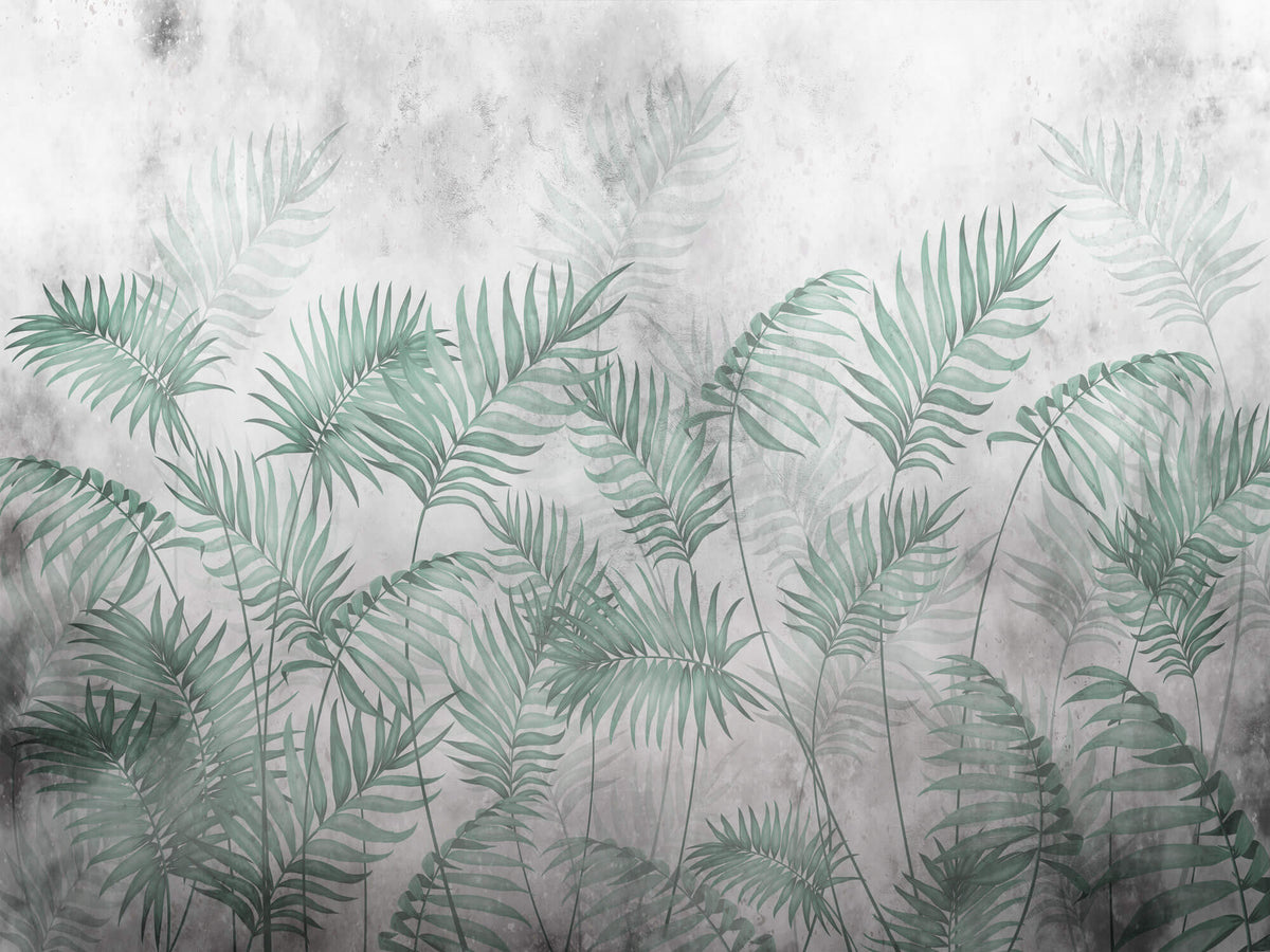 Tapet Personalizat Leaf cu ilustratie cu frunze verzi de palmier intr-un fundal gri - MINTY DARK LEAVES