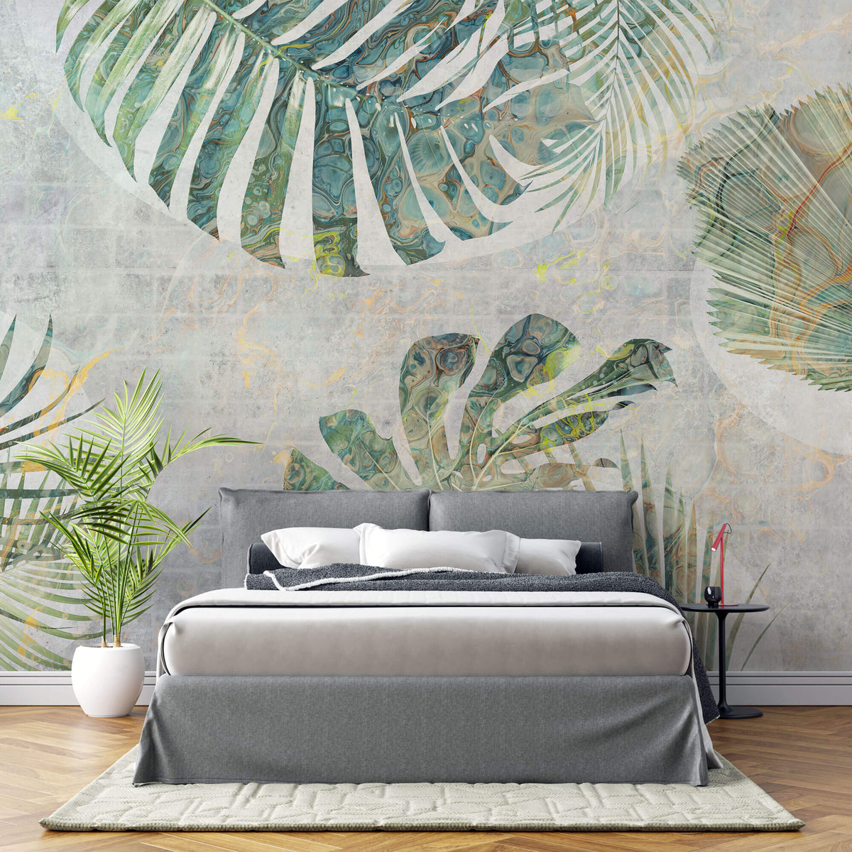 Tapet Personalizat Leaf cu frunze de monstera in nuante verzi-albastrui cu efect lichid - LIQUID MONSTERA