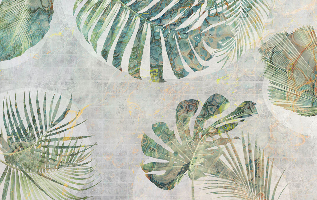 Tapet Personalizat Leaf cu frunze de monstera in nuante verzi-albastrui cu efect lichid - LIQUID MONSTERA