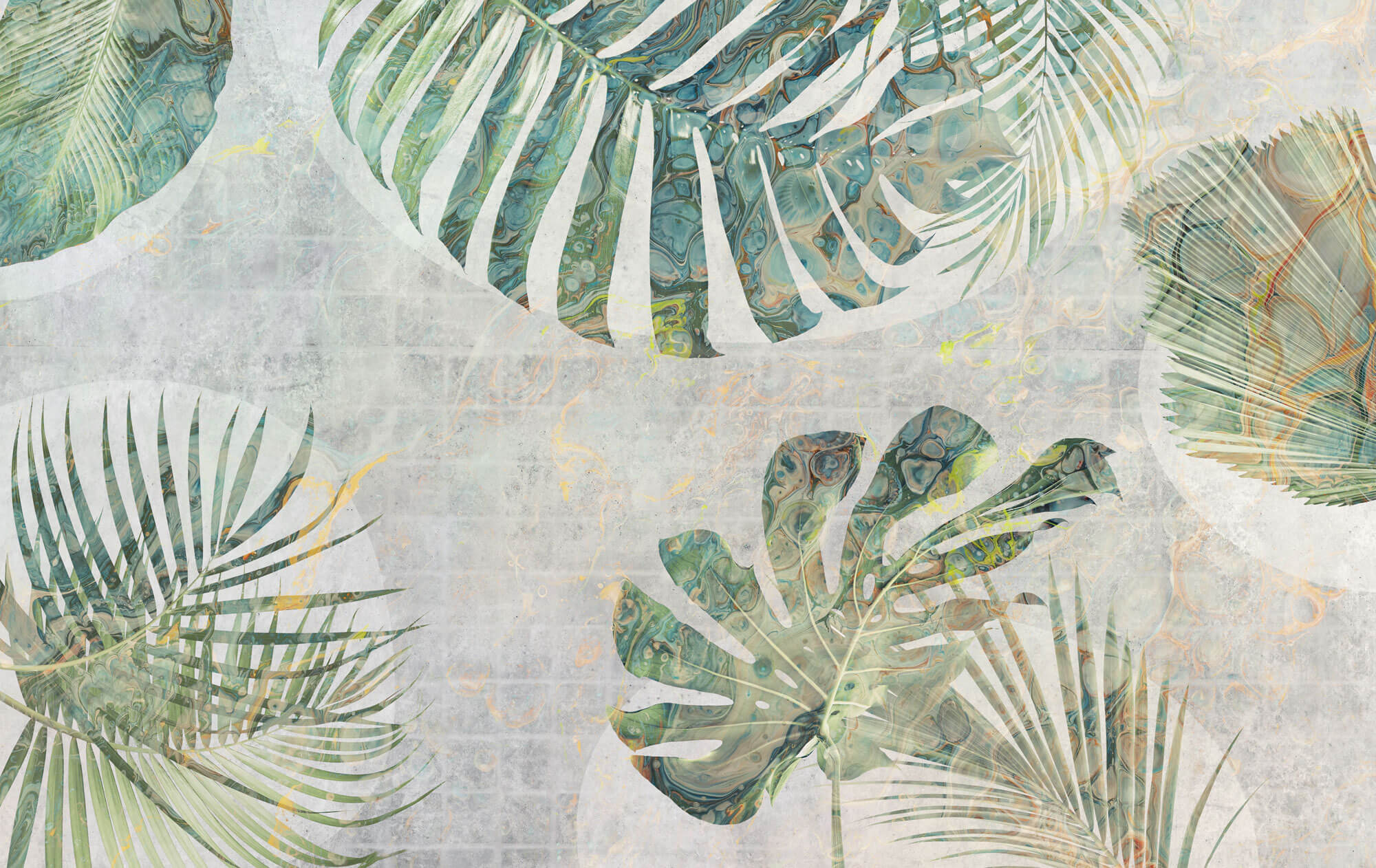 Tapet Personalizat Leaf cu frunze de monstera in nuante verzi-albastrui cu efect lichid - LIQUID MONSTERA