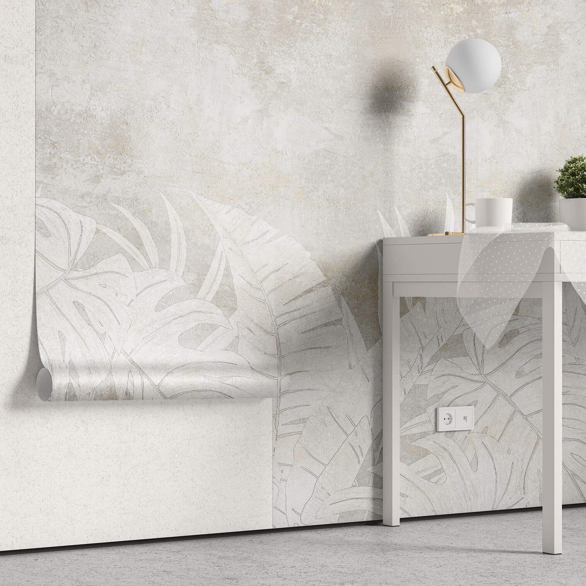 Tapet Personalizat Leaf cu frunze deschise pe un fundal stucco gri - FADED STUCCO LEAVES