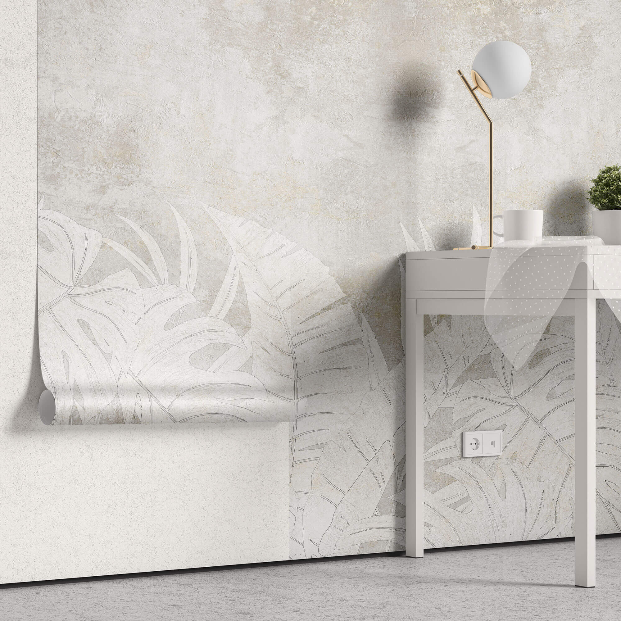 Tapet Personalizat Leaf cu frunze deschise pe un fundal stucco gri - FADED STUCCO LEAVES