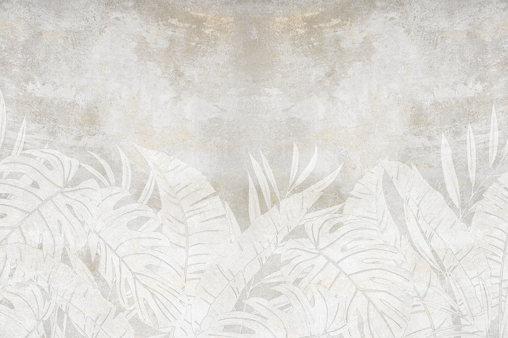 Tapet Personalizat Leaf cu frunze deschise pe un fundal stucco gri - FADED STUCCO LEAVES