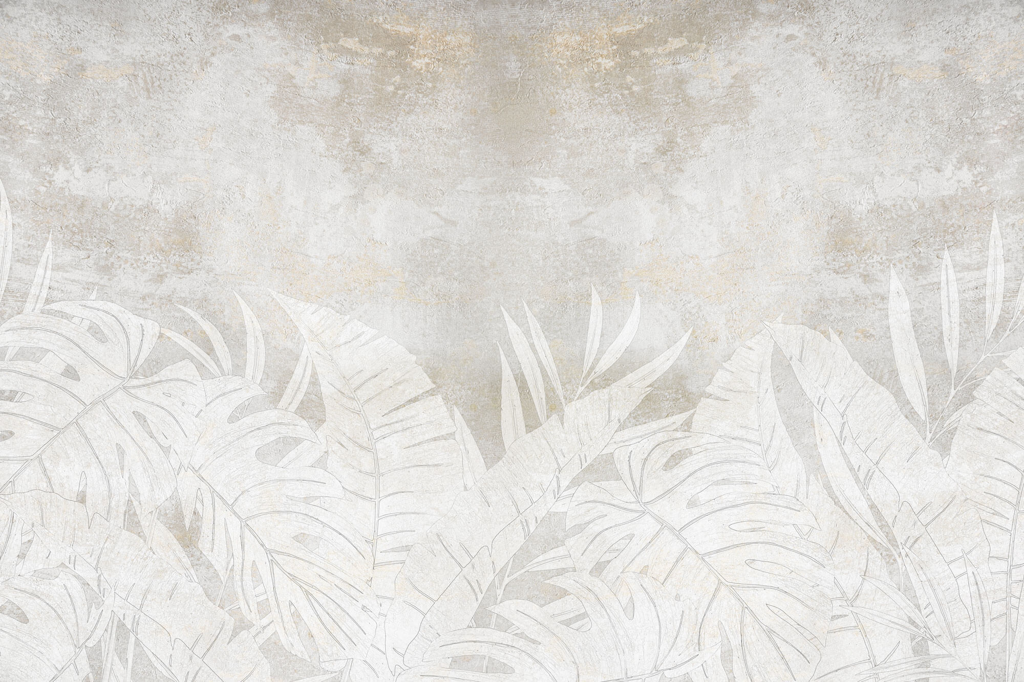 Tapet Personalizat Leaf cu frunze deschise pe un fundal stucco gri - FADED STUCCO LEAVES