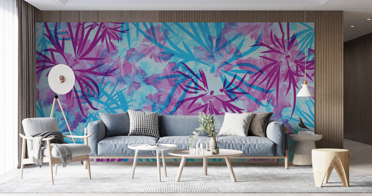 Tapet Personalizat Leaf cu frunze in culori vibrante de roz si albastru - TIE DYE LEAVES