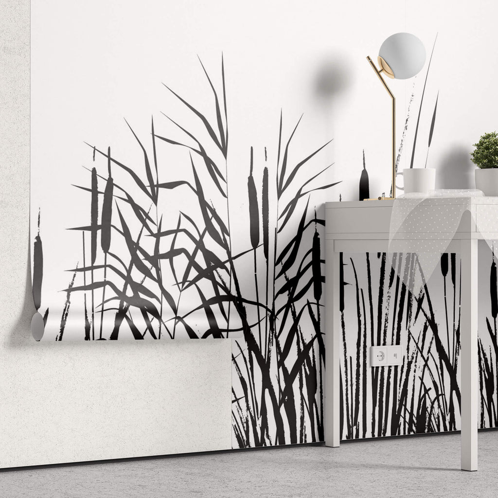 Tapet Personalizat Leaf cu papura neagra pe un fundal alb - BLACK BULRUSH