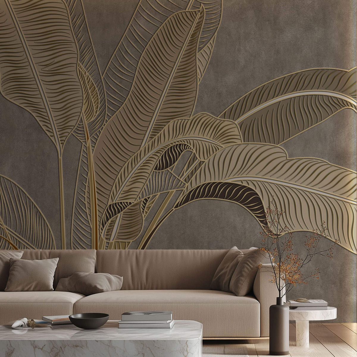 Tapet Personalizat Leaf cu frunze in stil plaster in relief in nuante aurii - NUDE GREY BANANA