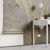 Tapet Personalizat Leaf cu frunze in stil plaster in relief in nuante aurii - NUDE GREY BANANA