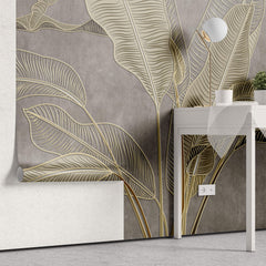 Tapet Personalizat Leaf cu frunze in stil plaster in relief in nuante aurii - NUDE GREY BANANA