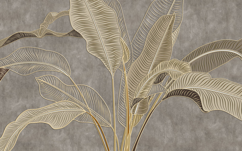 Tapet Personalizat Leaf cu frunze in stil plaster in relief in nuante aurii - NUDE GREY BANANA